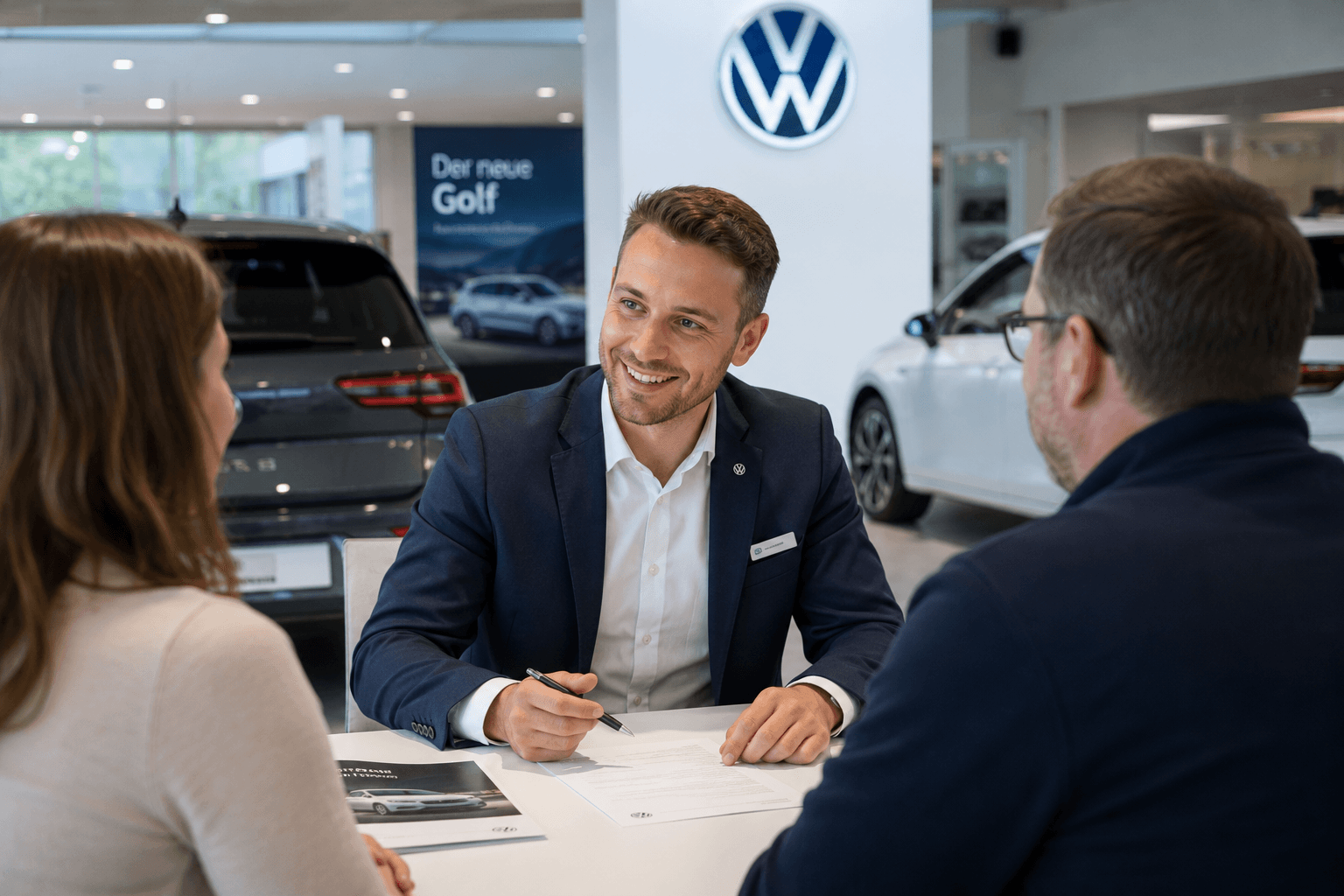 Fokussierter und entspannter Kundenberater im Autohaus-Showroom