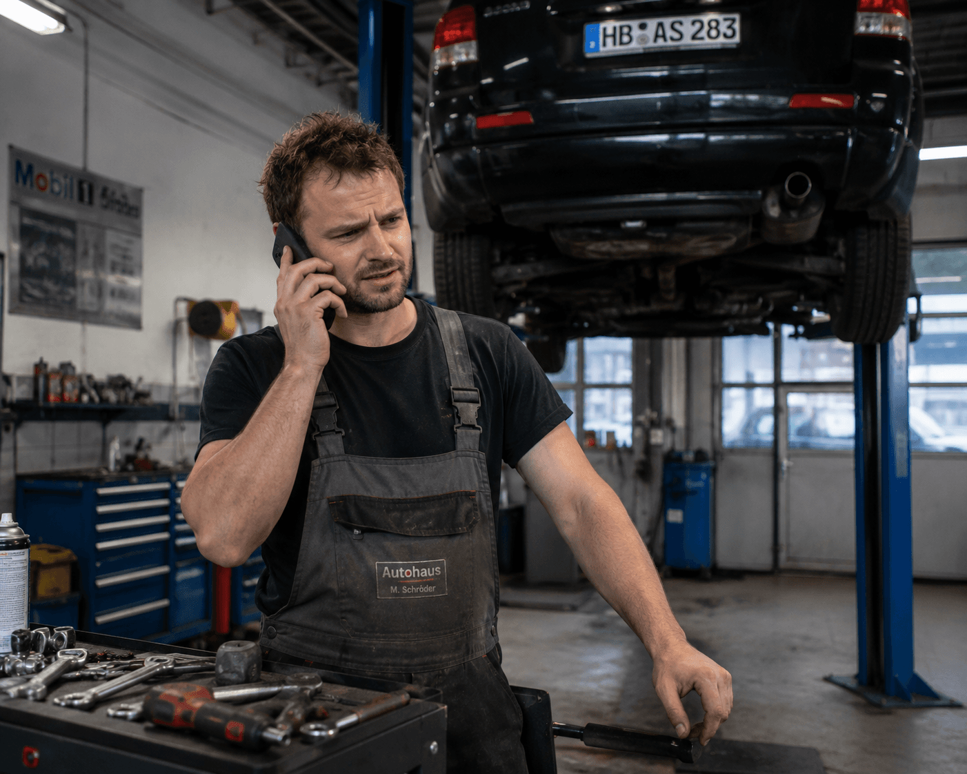Gestresster Mitarbeiter im Autohaus durch ständige Telefonunterbrechungen