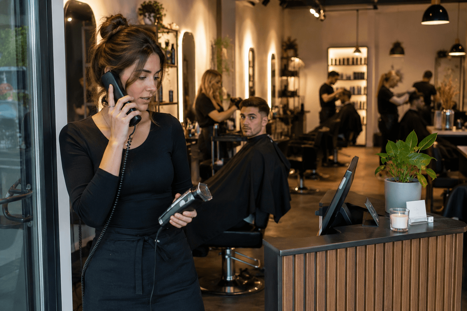 Friseurin im Salon unterbricht einen Haarschnitt, um einen Telefonanruf anzunehmen